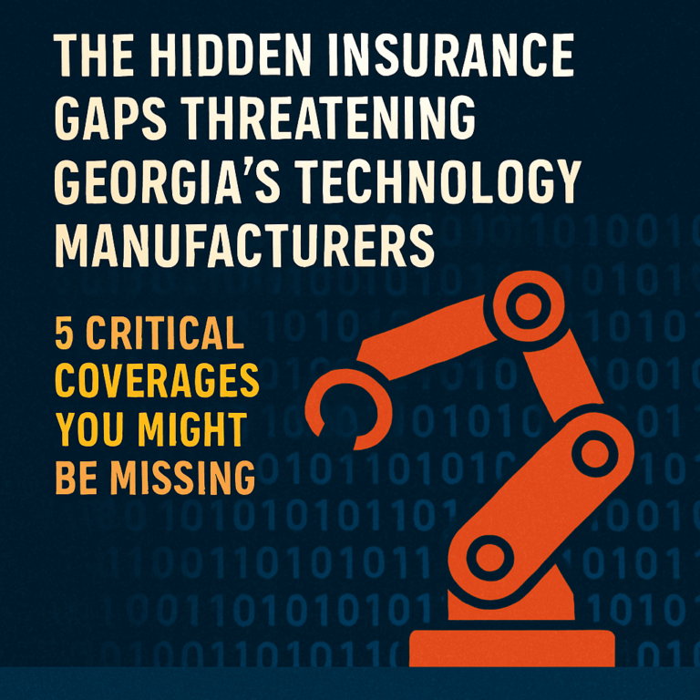 A digital graphic features a bold headline reading "The Hidden Insurance Gaps Threatening Georgia's Technology Manufacturers" in white, with the subheading "5 Critical Coverages You Might Be Missing" in yellow. The background is dark blue with a subtle overlay of binary code (0s and 1s). On the right side, a stylized orange-red robotic arm is prominently displayed, symbolizing advanced manufacturing technology. The design conveys a modern, high-tech theme relevant to insurance risks in Georgia’s technology manufacturing sector.