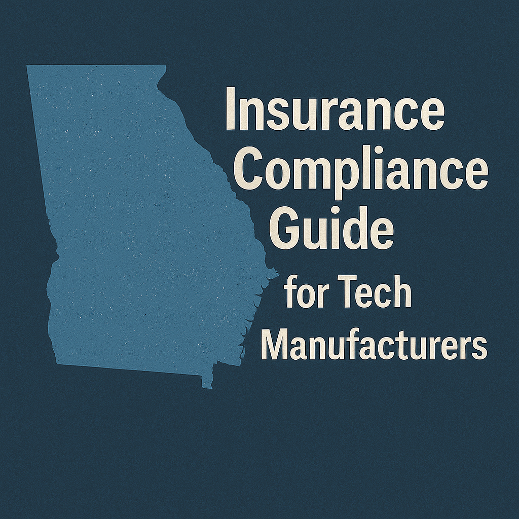 A dark blue cover image featuring a light blue silhouette of the state of Georgia on the left. To the right, bold cream-colored text reads “Insurance Compliance Guide for Tech Manufacturers.” The design has a professional and modern appearance, suitable for a regulatory or industry-focused article.