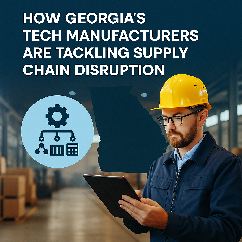 Georgia tech manufacturer in a warehouse using a digital tablet, overlaid with a supply chain icon and the state outline of Georgia, illustrating efforts to tackle supply chain disruption.