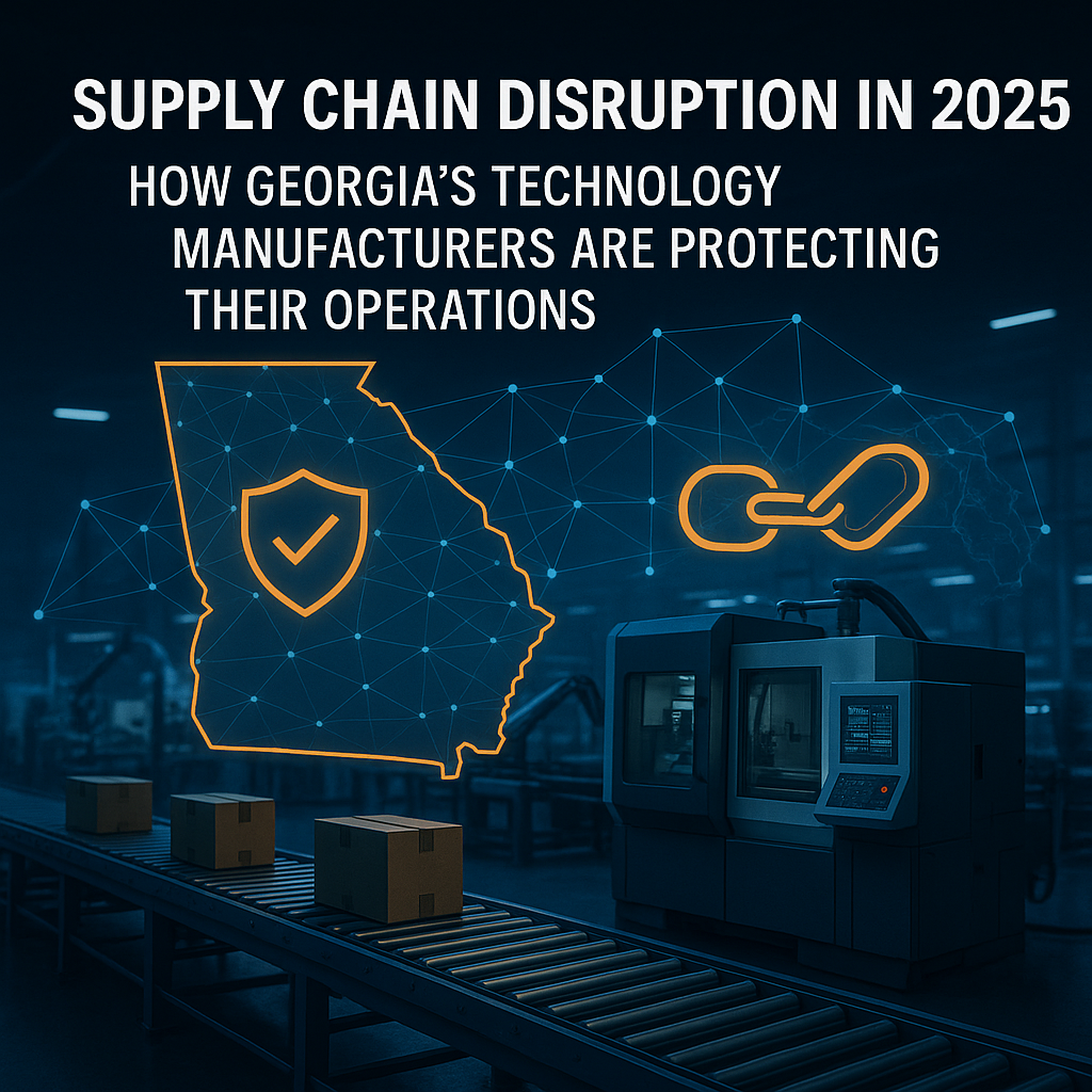 “Futuristic Georgia manufacturing facility with a digital map overlay showing the state of Georgia highlighted by a shield icon, and a glowing chain link symbol representing supply chain strength. In the foreground, a conveyor belt moves boxes past advanced CNC machinery. Text above reads: ‘Supply Chain Disruption in 2025 – How Georgia’s Technology Manufacturers Are Protecting Their Operations.’”