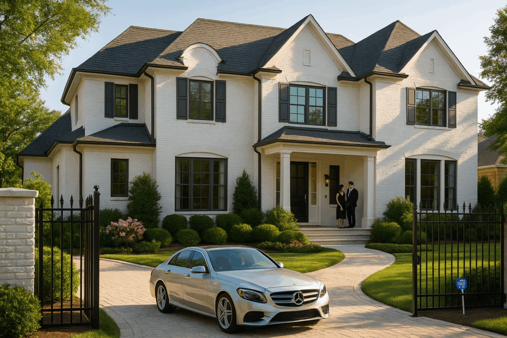 Luxury white brick home in Decatur, Georgia with manicured landscaping, a silver Mercedes parked in the circular driveway, and a professionally dressed couple standing on the front porch. The scene is captured in bright, late afternoon sunlight with soft shadows, conveying elegance, privacy, and high-value living.