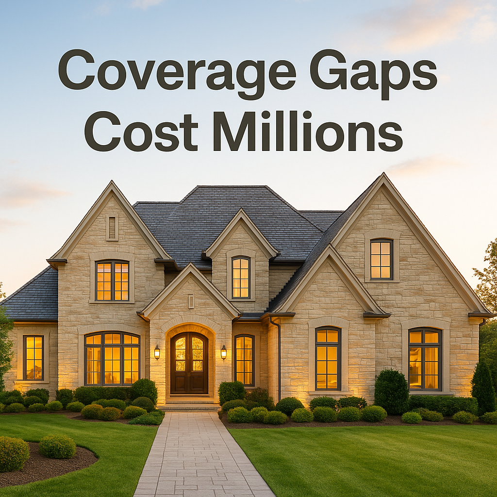 Elegant two-story stone home illuminated by golden hour light, with bold text reading 'Coverage Gaps Cost Millions' overlayed above the house.