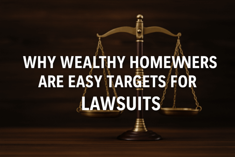 Bold white capitalized text reading "WHY WEALTHY HOMEOWNERS ARE EASY TARGETS FOR LAWSUITS" is centered over a background image of a polished brass balance scale on a dark wooden surface, symbolizing legal risk and liability.