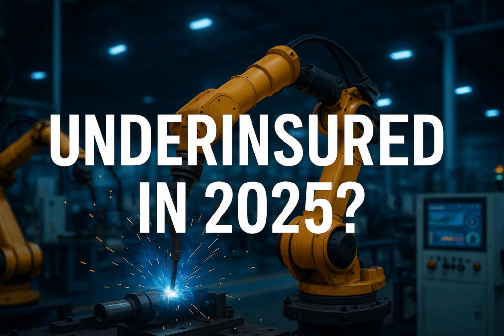 Industrial robotic arm welding metal with sparks flying, surrounded by control panels in a smart factory setting. Bold white text reads 'Underinsured in 2025?' overlaying the image.