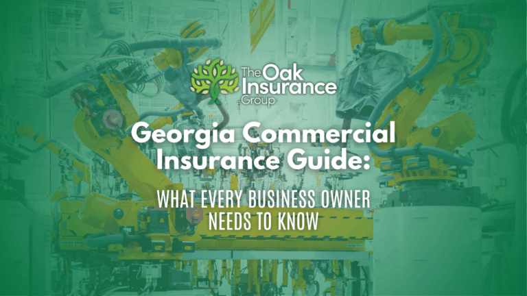 A title slide with a green translucent overlay over a factory scene of yellow robotic arms operating on an assembly line. Centered near the top is the logo of “The Oak Insurance Group,” featuring a stylized oak tree icon. Below the logo, in large white text, reads “Georgia Commercial Insurance Guide:” and underneath that in smaller white text, “What Every Business Owner Needs to Know.”