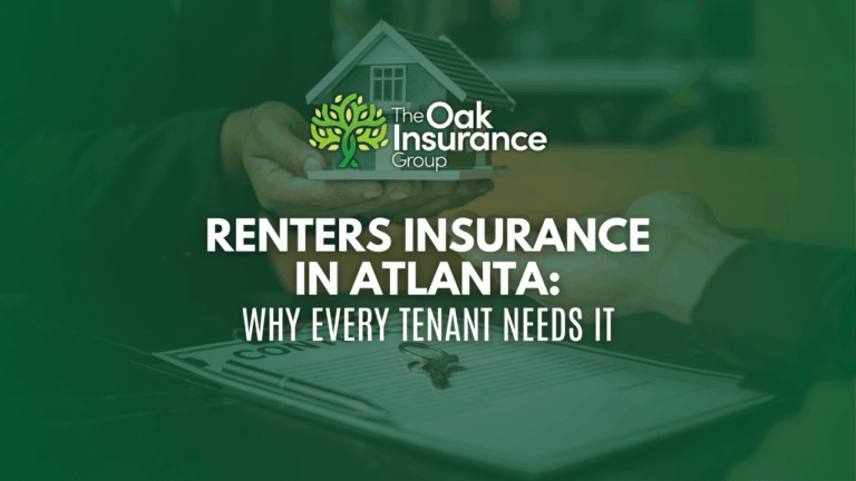Renters insurance in Atlanta explained by The Oak Insurance Group—image shows hands holding a house model above rental contract and keys, highlighting why Atlanta tenants need renters insurance.