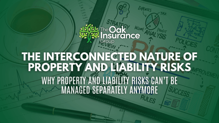 Marketing graphic for The Oak Insurance Group featuring a business strategy diagram, financial charts, and the article title 'The Interconnected Nature of Property and Liability Risks: Why Property and Liability Risks Can’t Be Managed Separately Anymore'