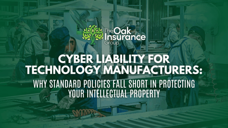 "IoT vulnerability in manufacturing insurance strategies graphic by The Oak Insurance Group, highlighting cybersecurity risks and protection solutions for connected production environments.