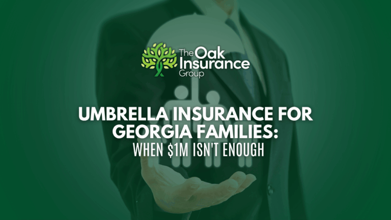 Umbrella insurance coverage graphic by The Oak Insurance Group, showing a business professional holding a glowing insurance icon, emphasizing extended liability protection for Georgia families beyond $1 million.