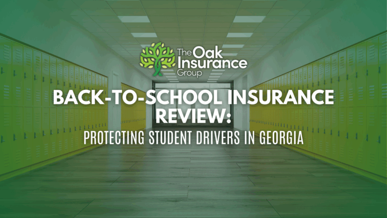Back-to-school insurance review banner by The Oak Insurance Group, featuring a hallway with yellow lockers, promoting student driver protection in Georgia.
