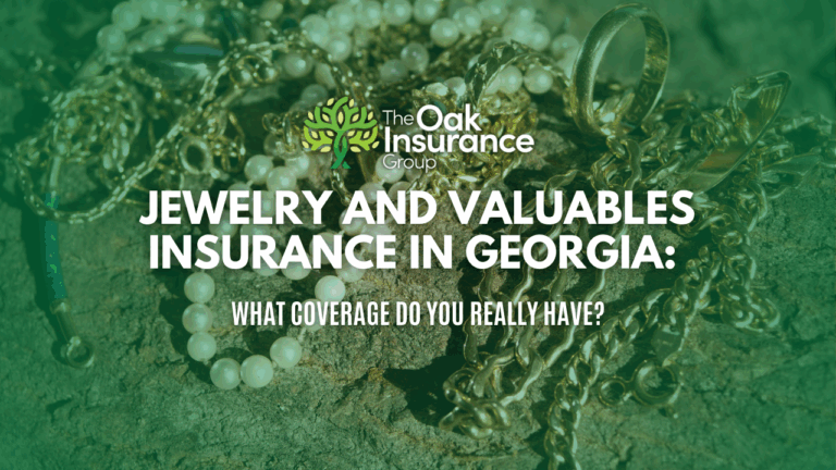 Gold chains, pearl necklaces, and rings on display with The Oak Insurance Group logo — promoting jewelry and valuables insurance coverage in Georgia.