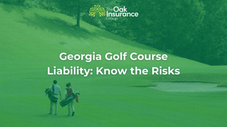 Two golfers walking across a green fairway at a Georgia golf course with overlay text that reads 'Georgia Golf Course Liability: Know the Risks' by The Oak Insurance Group.