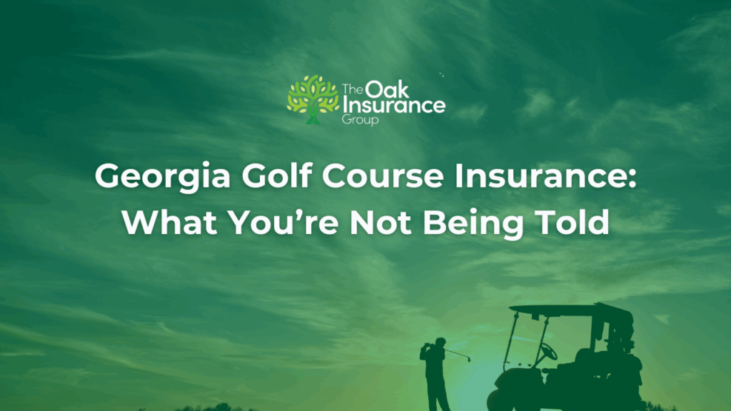 Golfer silhouetted at sunset swinging a club near a golf cart, with text overlay reading 'Georgia Golf Course Insurance: What You’re Not Being Told' by The Oak Insurance Group