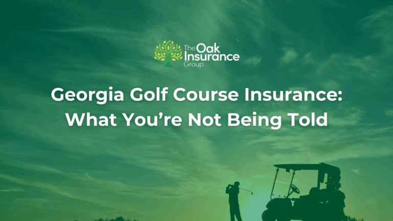 Golfer silhouetted at sunset swinging a club near a golf cart, with text overlay reading 'Georgia Golf Course Insurance: What You’re Not Being Told' by The Oak Insurance Group