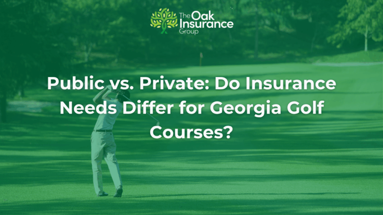 Golfer mid-swing on lush green course with headline text: Public vs. Private – Do Insurance Needs Differ for Georgia Golf Courses? | The Oak Insurance Group