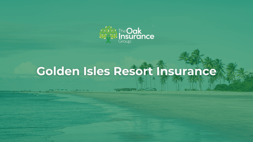 Golden Isles Resort Insurance banner by The Oak Insurance Group featuring a coastal beach scene with palm trees