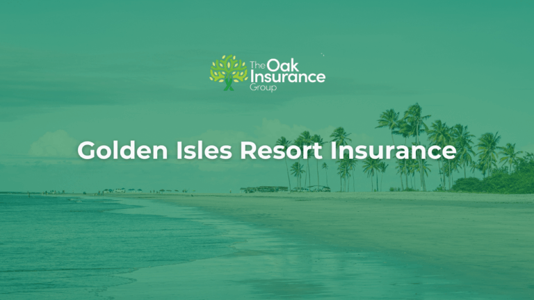 Golden Isles Resort Insurance banner by The Oak Insurance Group featuring a coastal beach scene with palm trees