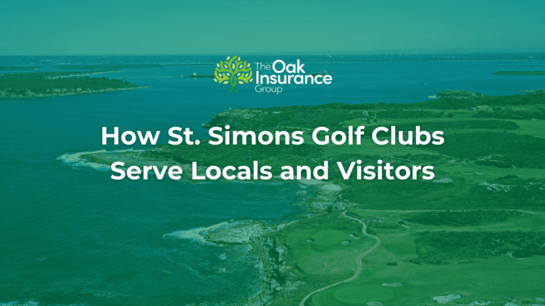 Aerial view of St. Simons Island golf course with ocean in background, featuring title text 'How St. Simons Golf Clubs Serve Locals and Visitors' and The Oak Insurance Group logo