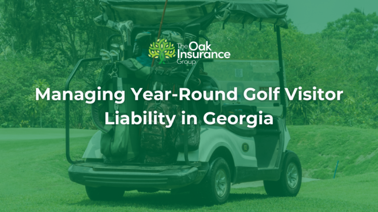 Golf cart with equipment on green fairway at a Georgia golf course, representing year-round liability management by The Oak Insurance Group.