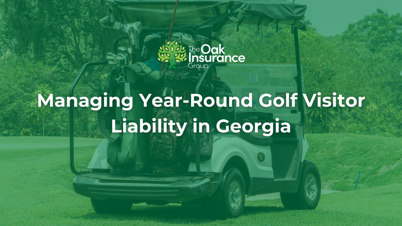 Golf cart with equipment on green fairway at a Georgia golf course, representing year-round liability management by The Oak Insurance Group.