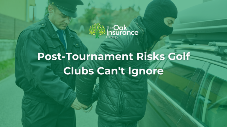 Security officer detaining a masked vandal near a vehicle, illustrating post-tournament security risks and vandalism concerns for golf clubs.