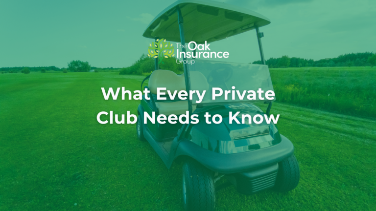 Golf cart on green fairway with text overlay reading 'What Every Private Club Needs to Know' by The Oak Insurance Group, highlighting private club insurance in Augusta, GA.
