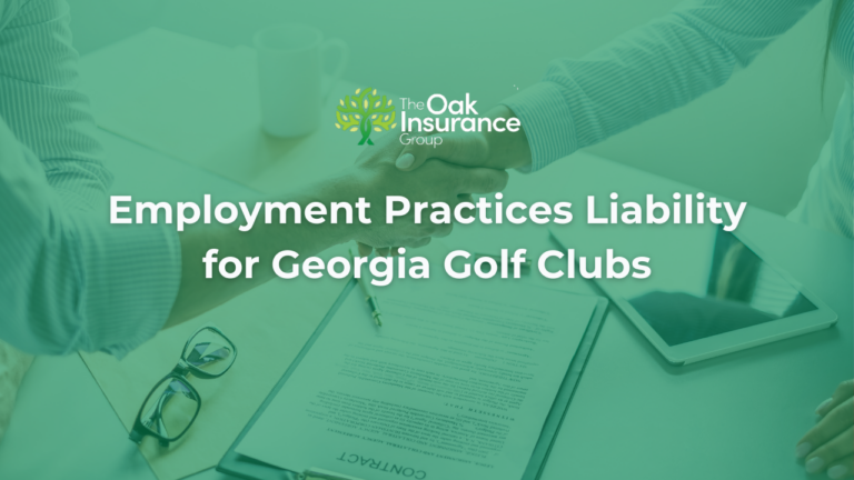 Employment Practices Liability for Georgia golf clubs hero image featuring business handshake over contract with Oak Insurance Group branding