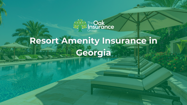 Resort amenity insurance in Georgia banner featuring a luxury swimming pool with lounge chairs, umbrellas, and palm trees, representing insurance coverage for resort-style amenities at golf courses, country clubs, and hospitality properties from The Oak Insurance Group.
