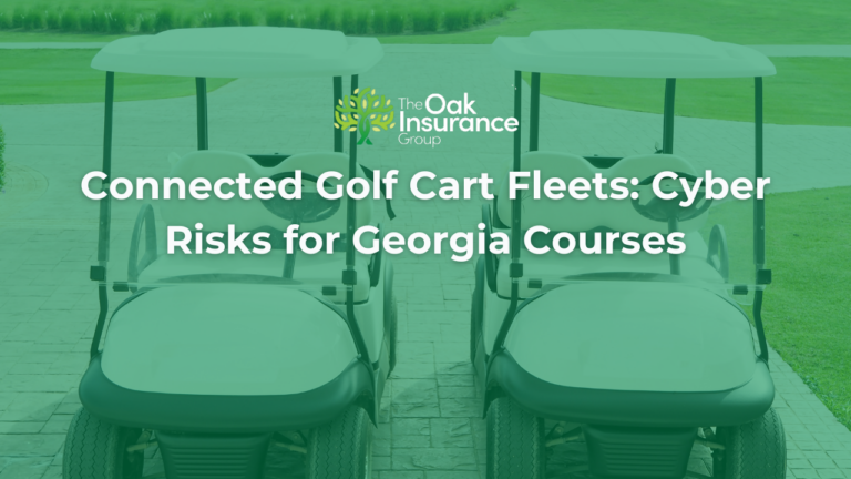 Connected golf cart fleets at a Georgia golf course illustrating cyber risks associated with GPS-enabled carts, fleet management systems, and IoT technology, highlighting golf course cyber insurance solutions from The Oak Insurance Group.