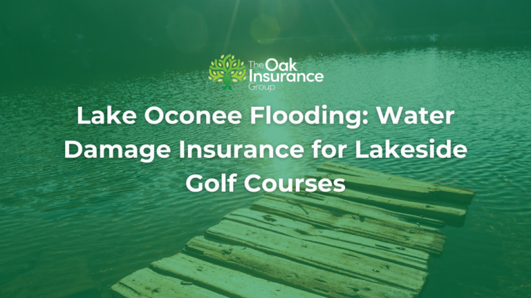 Lake Oconee flooding and water damage insurance banner featuring a lakeside dock on a Georgia lake, representing flood, storm, shoreline erosion, and water damage insurance solutions for Lake Oconee golf courses and waterfront country clubs from The Oak Insurance Group.