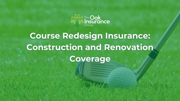Golf club and golf ball resting on a putting green with text about golf course redesign insurance and construction coverage.