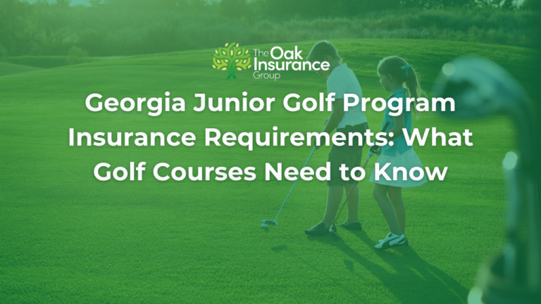 Children participating in a junior golf program on a Georgia golf course with text reading "Georgia Junior Golf Program Insurance Requirements: What Golf Courses Need to Know" and The Oak Insurance Group logo.