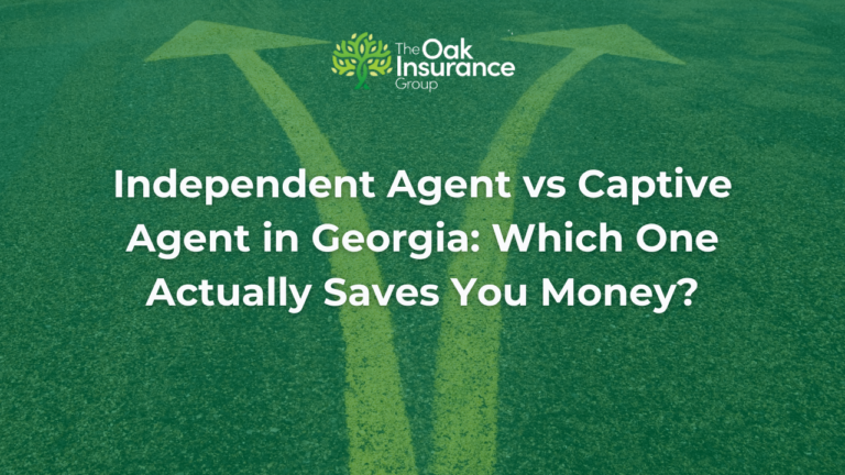 Independent Agent vs. Captive Agent in Georgia title graphic showing a fork in the road, representing the choice between independent and captive insurance agents, with The Oak Insurance Group logo.