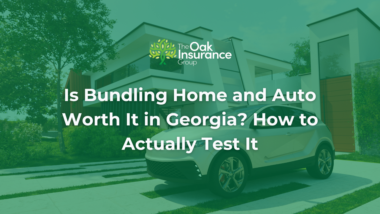 Is bundling home and auto insurance worth it in Georgia? Featured image with a modern Georgia home, an SUV, and The Oak Insurance Group logo.